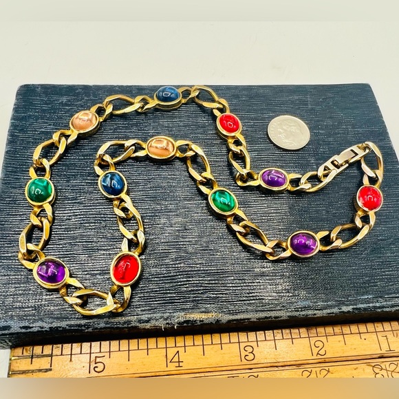 Vintage gold necklace colorful glass cabochons 19” statement jewelry - Picture 8 of 8